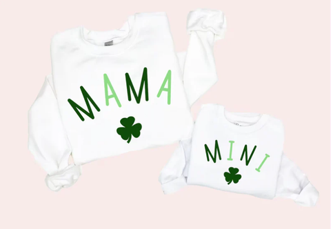 Matching St. Patrick's Mommy and Mini shirts with shamrocks as a lucky charm design