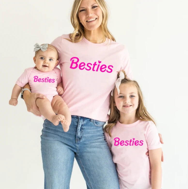 Mom with daughter and baby girl wearing family matching outfits - Besties shirt set