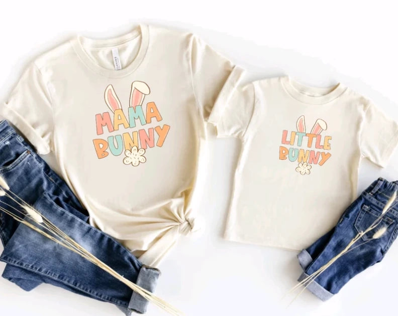 Mommy and daughter matching family shirts that say Mama Bunny or Little Bunny