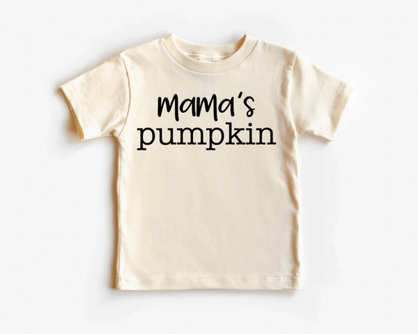 Natural-colored Thanksgiving tee that reads "Mama's pumpkin" in black lettering