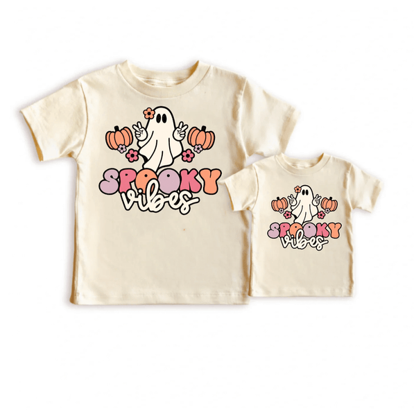 Natural-colored matching tees with colorful letterings and a ghost graphic