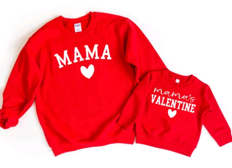 Red matching shirts for moms and kids on Valentine's day