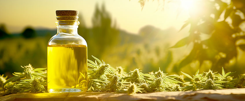 huile cbd jaune avec feuilles de cannabis
