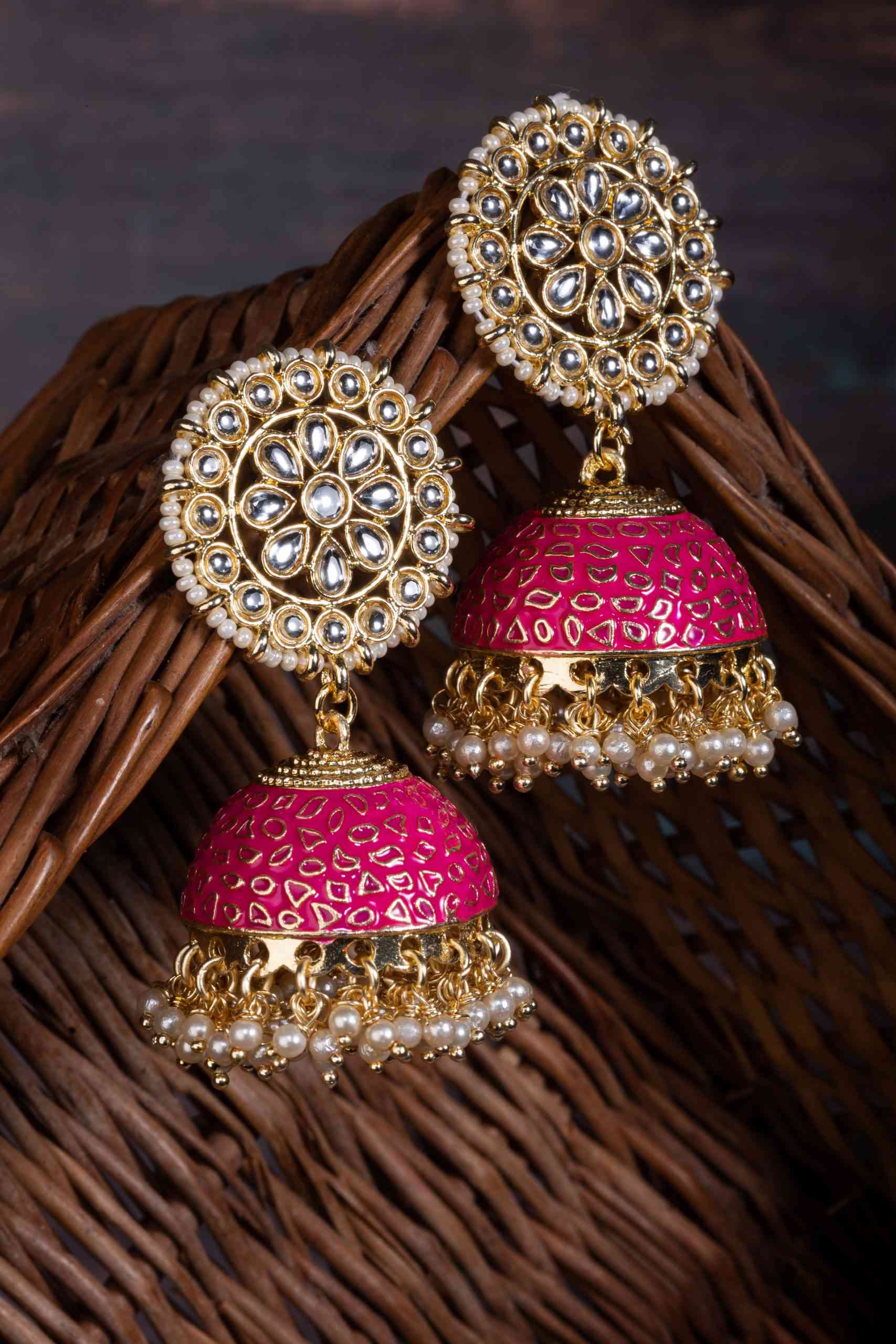 Rani Color Meenakari Earrings (MKE1669RNI) - Kishorijewellery