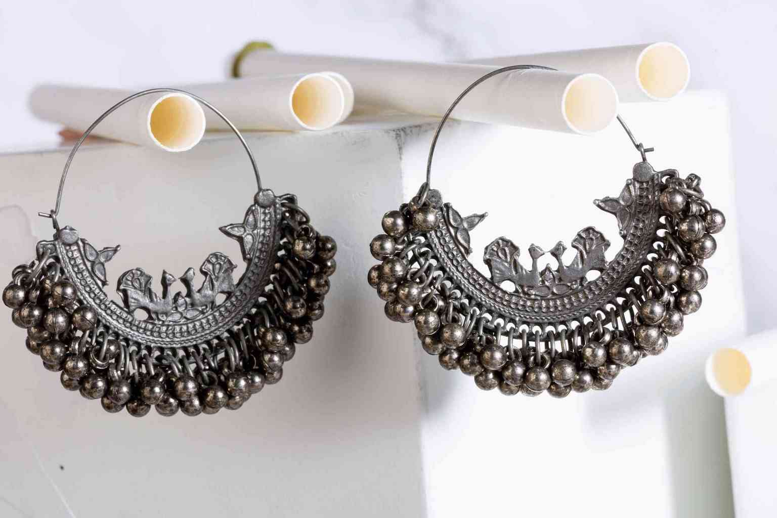 Women's Oxidized Chandbali Earrings in Silver and Red - Karmaplace