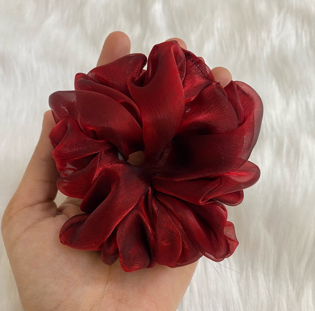 Elegant Red Color XL Organza Hair Scrunchie - Delicate Touch for Any Hairstyle