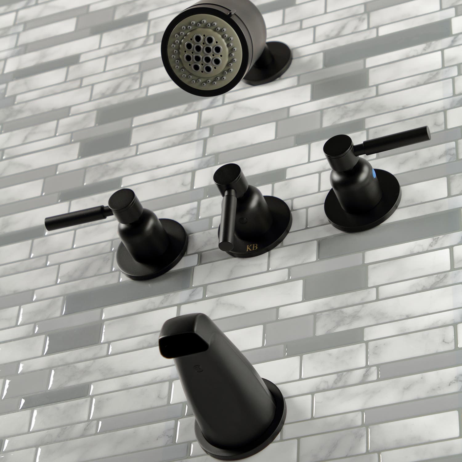 Profile of a Matte Black Concord Tub and Shower Faucet with 3 Handles