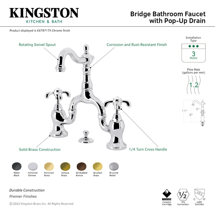 Kingston Brass KS7973TX French Country Bridge Bathroom Faucet Pop-Up, Antique  Brass 並行輸入品