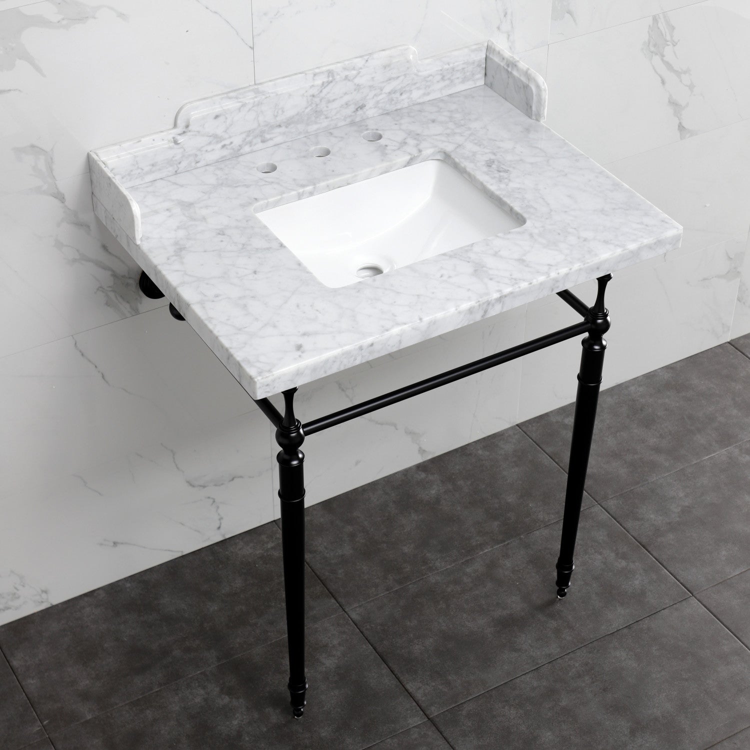 Fauceture LMS3022M8SQ0 30-Inch Carrara Marble Console Sink with Brass Legs, Marble White/Matte Black - Kingston Brass product image