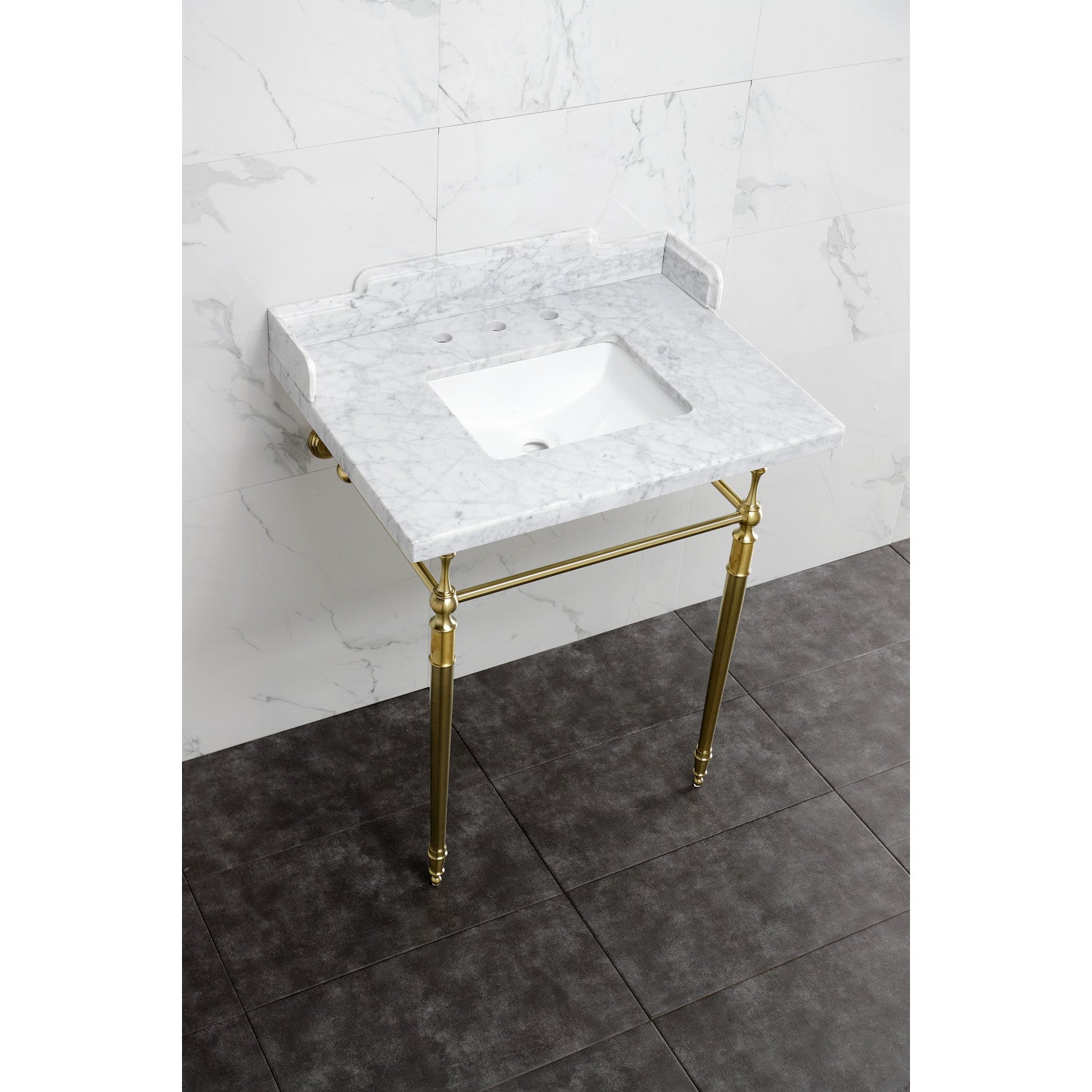 Fauceture LMS3022M8SQ7 30-Inch Carrara Marble Console Sink with Brass Legs, Marble White/Brushed Brass - Kingston Brass product image