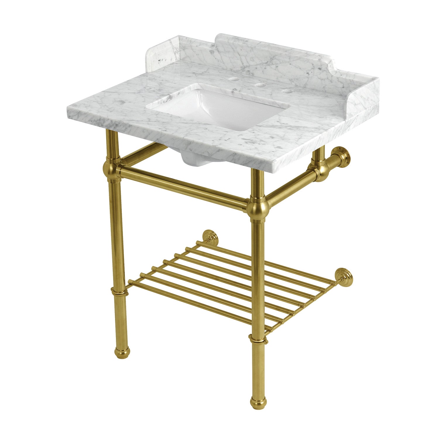 Pemberton LMS30MBSQB7 30-Inch Console Sink with Brass Legs (8-Inch, 3 Hole), Marble White/Brushed Brass - Kingston Brass product image