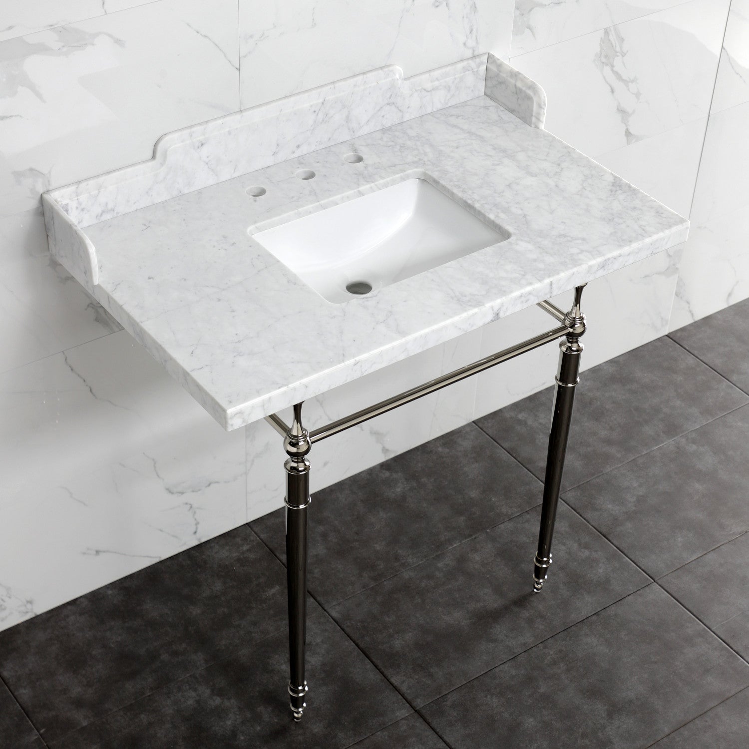 Fauceture LMS3622M8SQ6 36-Inch Carrara Marble Console Sink with Brass Legs, Marble White/Polished Nickel - Kingston Brass product image