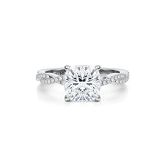 lab grown cushion cut diamond set on platinum twisted band with pave