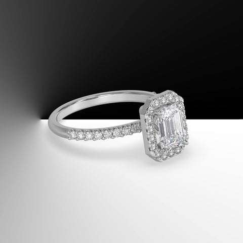 Lab grown emerald cut diamond with halo and pave on the platinum band