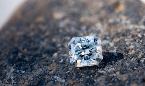 lab grown radiant cut diamond on a rock