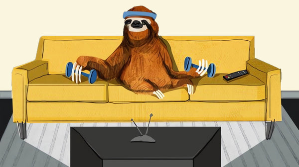 lazy sloth sitting on a couch holding dumbbells