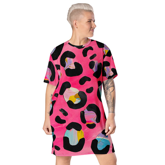 Pink Squares Leopard Print T-shirt dress