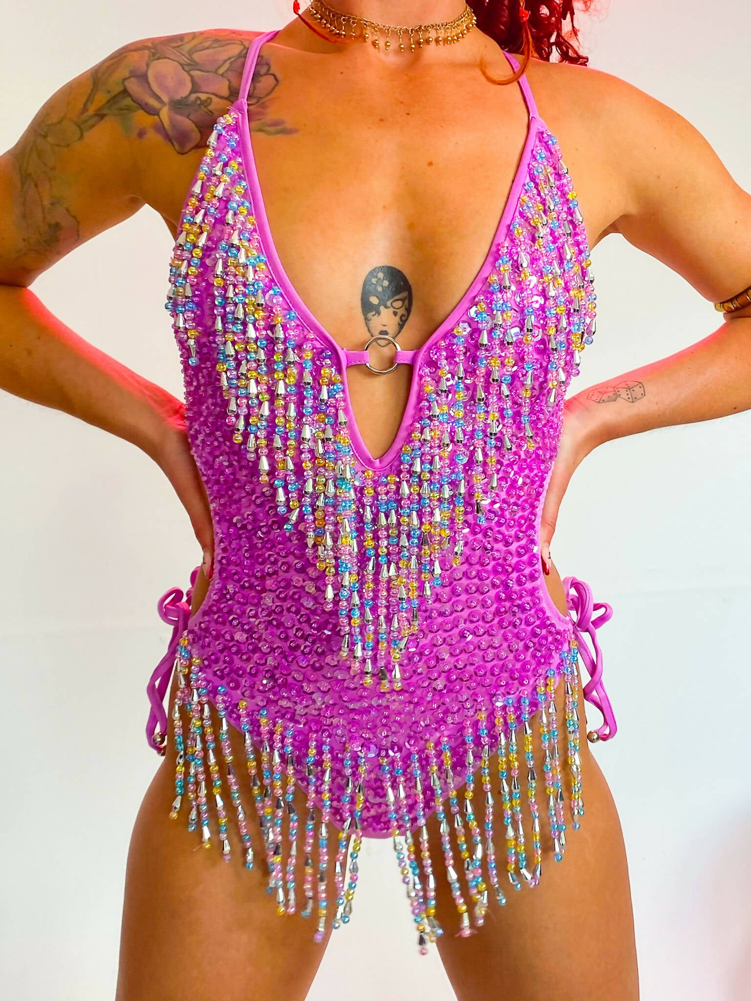Sparkly Sequins Rhinestones Women Bodysuits Gauze Rainbow Colors
