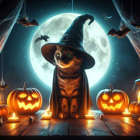 halloween katze mit hütchen und kürbis drumherum