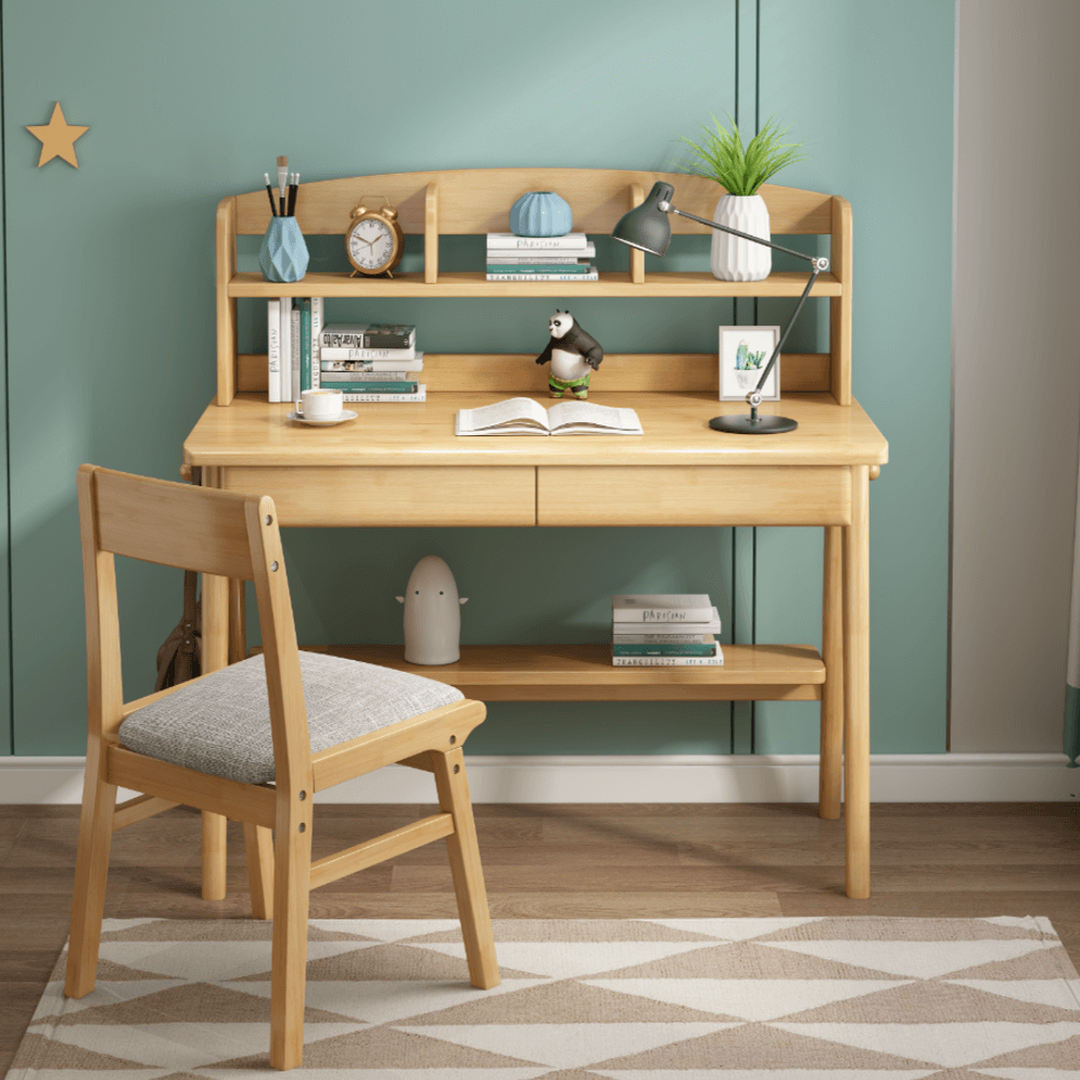 timber desk with shelves