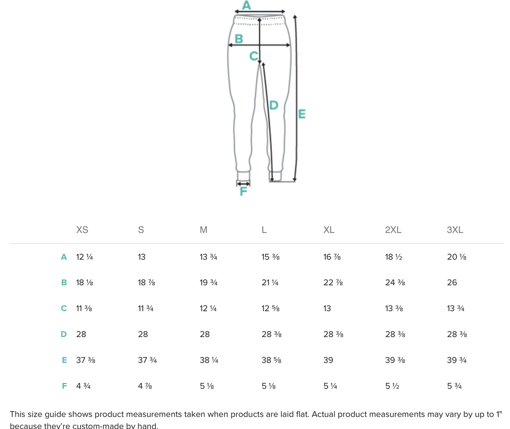 Size guide for Joggers