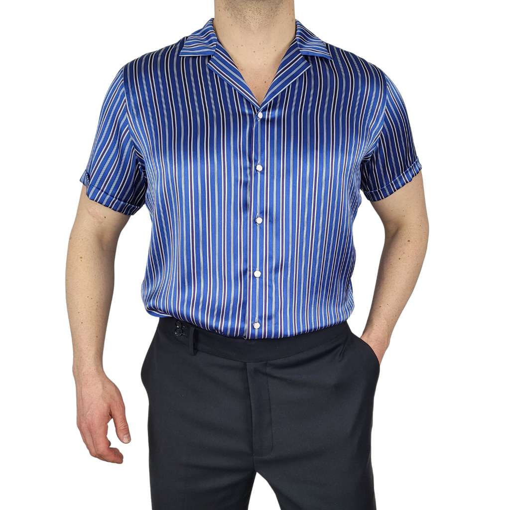 Men's Blue Stripe Short Sleeve Silk Shirt | 1000 Kingdoms