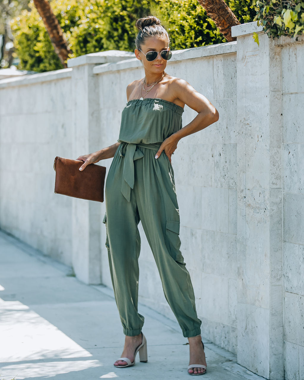 olive strapless jumpsuit