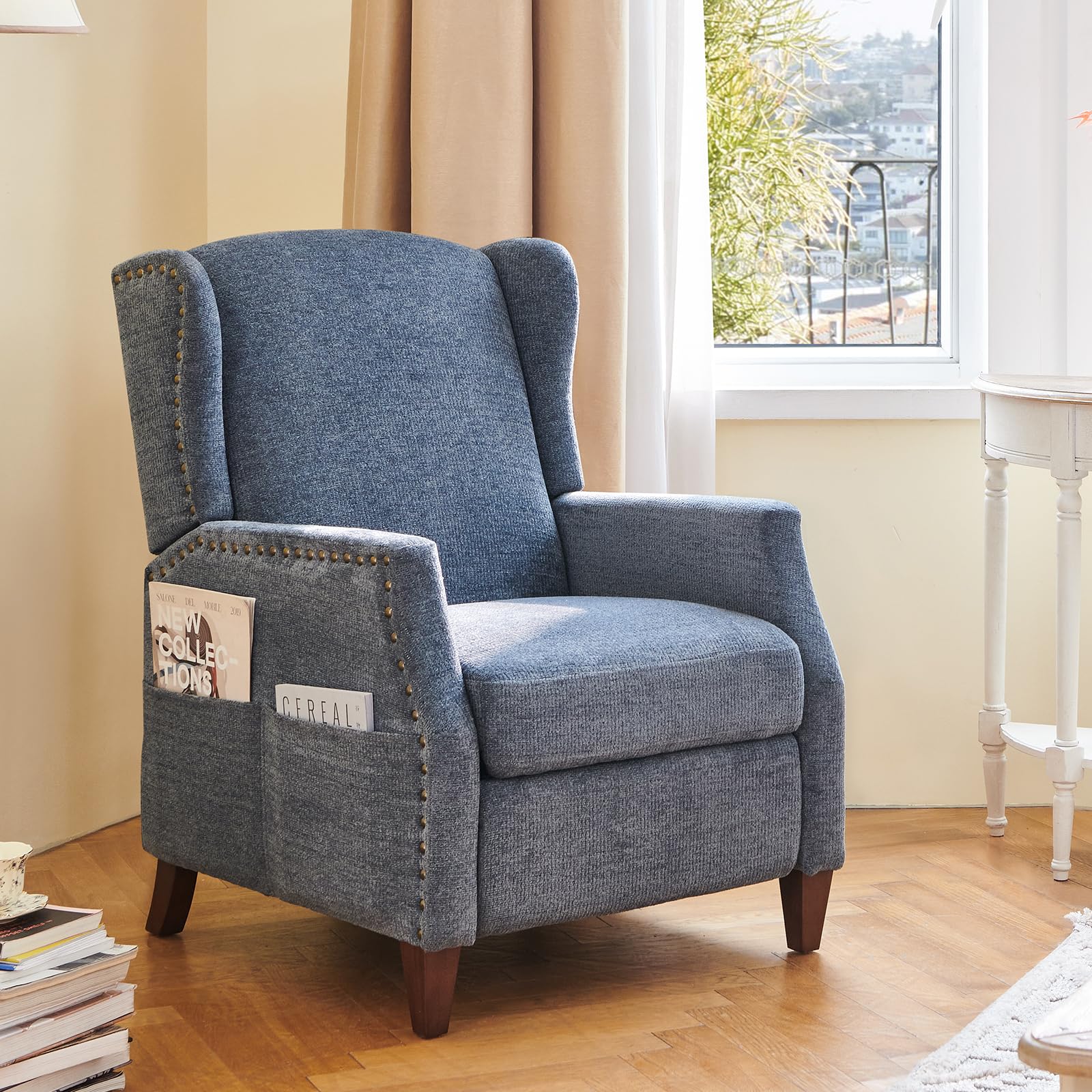 COLAMY Wingback Pushback Recliner Chair with Storage Pocket, Upholstered Fabric Living Room Chair Armchair with Wood Legs and Nailhead Trim, DarkBlue