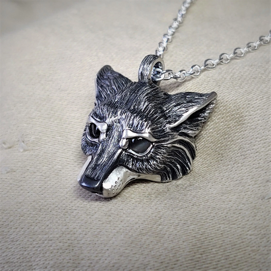 Wolf Necklace. Sterling silver wolf's head pendant with moonstone