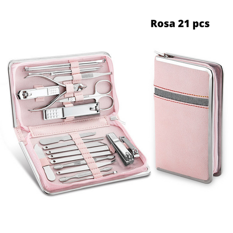 Super Kit Manicure e Pedicure Stainless Steel 21pcs bolsa rosa