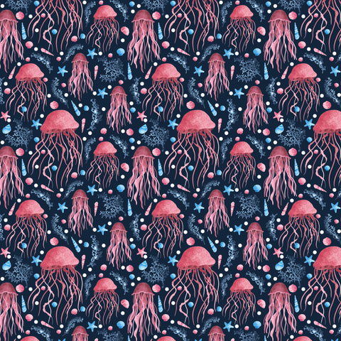 jellyfish in dark blue and pink seamless repeat design