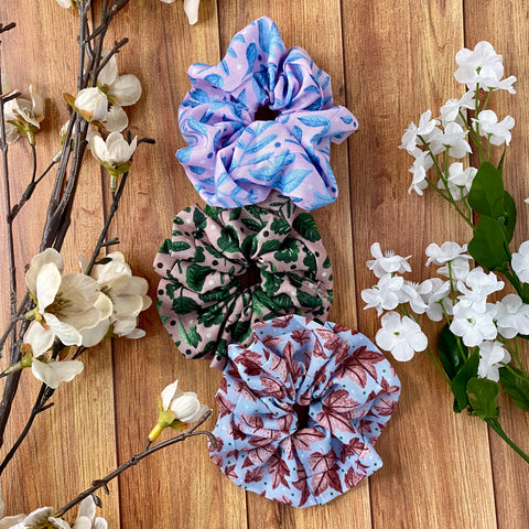scrunchies set with surface pattern designs based on nature and florals in bright colours