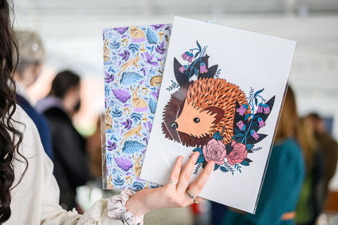 artwork example showing a hedgehog art print and a hare pattern art print