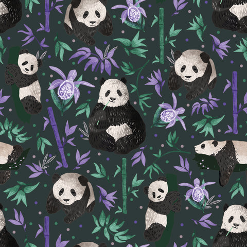 panda surface pattern design with purple and green bamboo