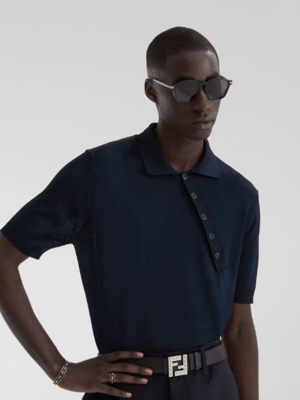 Blue Asymmetric Button Polo Shirt