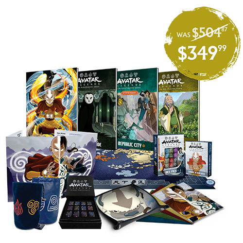 Mock up of Legendary Bundle which contains Core Book, Wan Shi Tong's Adventure Guide, Republic City, and Uncle Iroh's Adventure Guide. Also shown are a number of Avatar Legends accessories that are included. Price tag shows original price of 504.87 but final price of 349.99