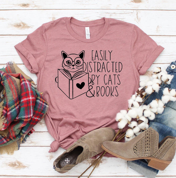 Easily Distracted By Cats & Books T-Shirt - Furr Baby Gifts