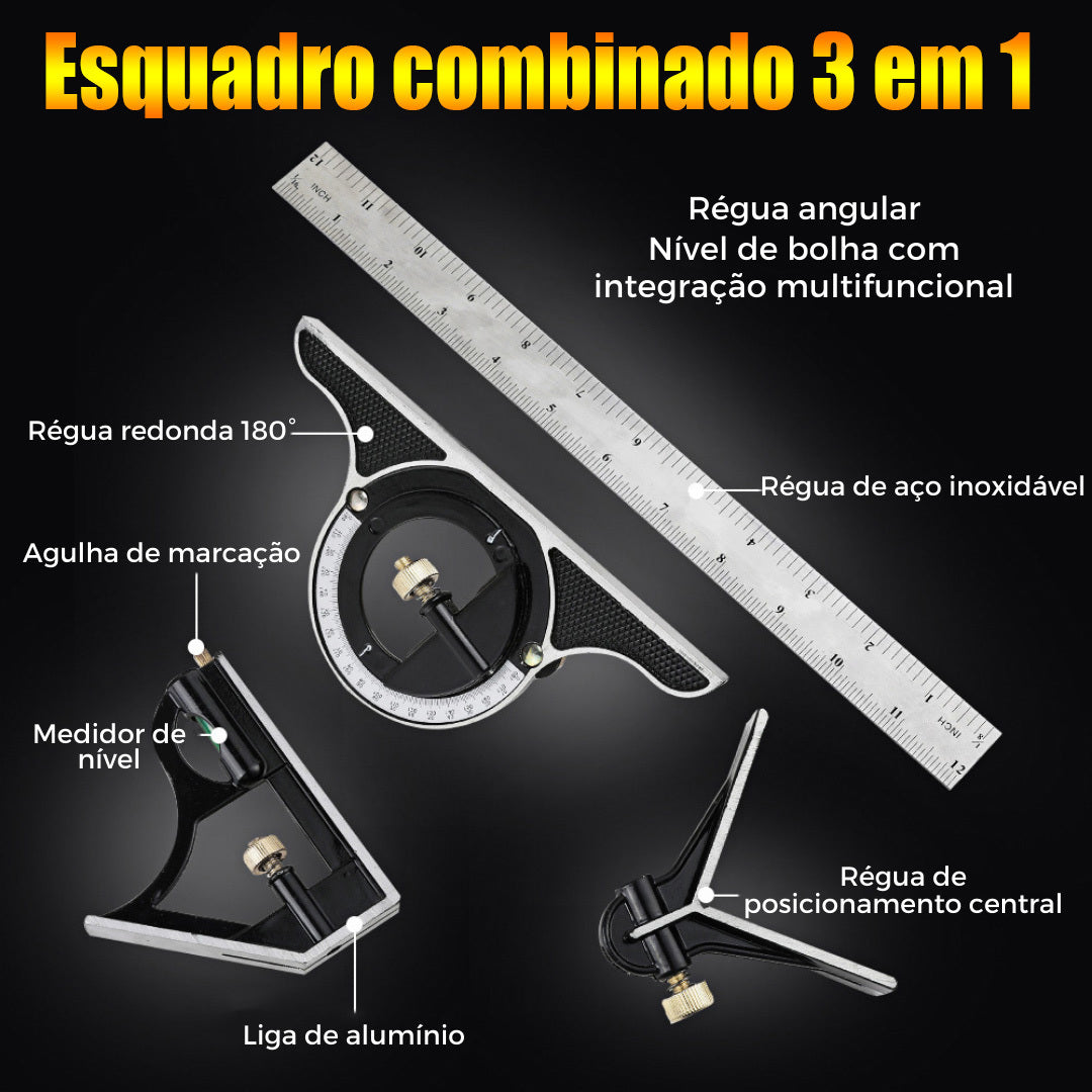 Esquadro combinado multifuncional com nível bolha