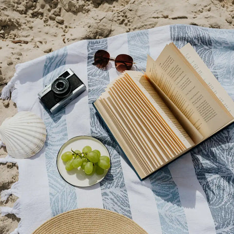 A picture of a picnic blanket on a beach. Sitting on the blanket is an open book, a plate of grapes, some sunglasses and a camera. 