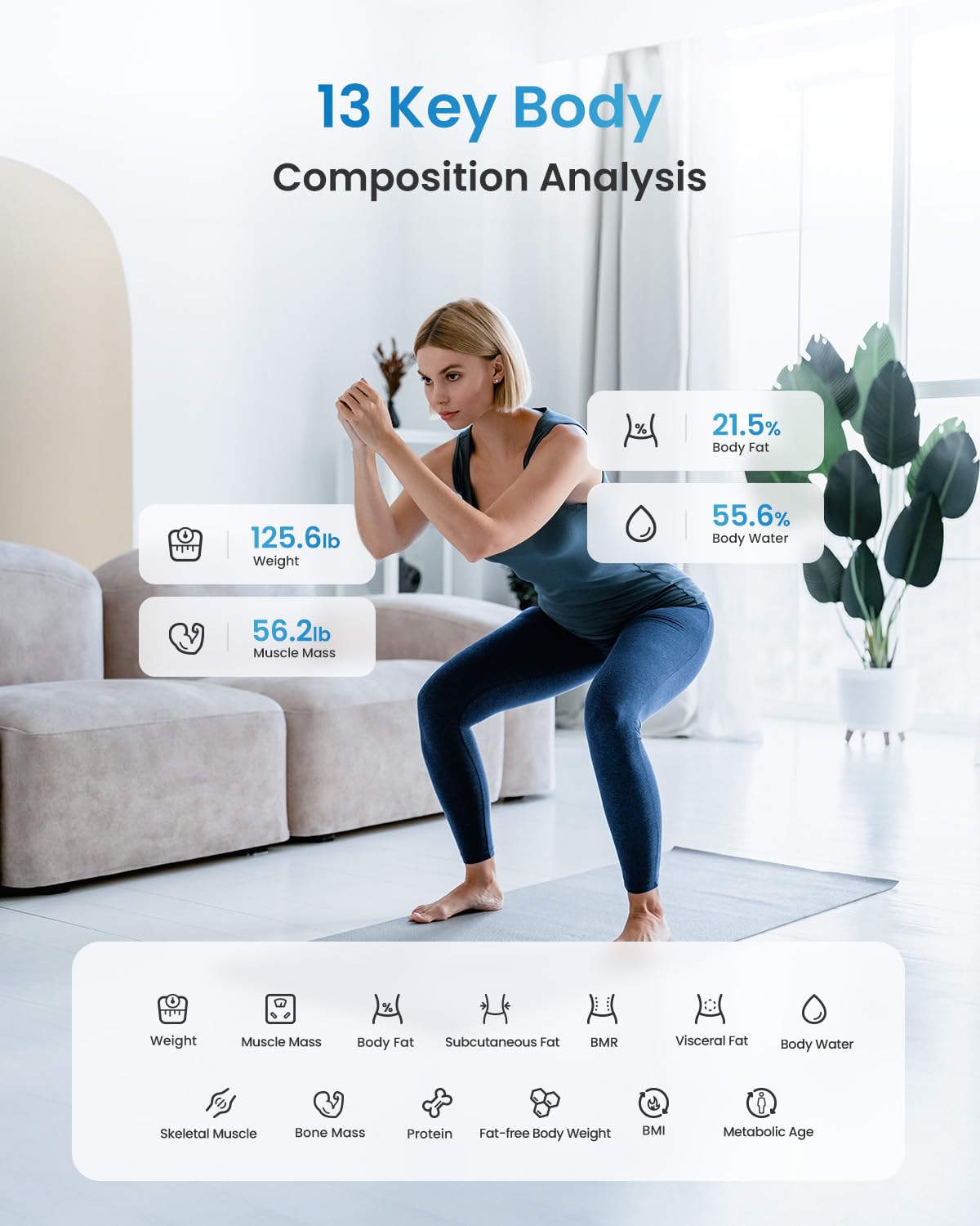 A woman in athletic wear performs a squat in a bright, modern living room, surrounded by graphics showing various health metrics like weight, muscle mass, and BMI using the Renpho Elis 1 Smart Body Scale.