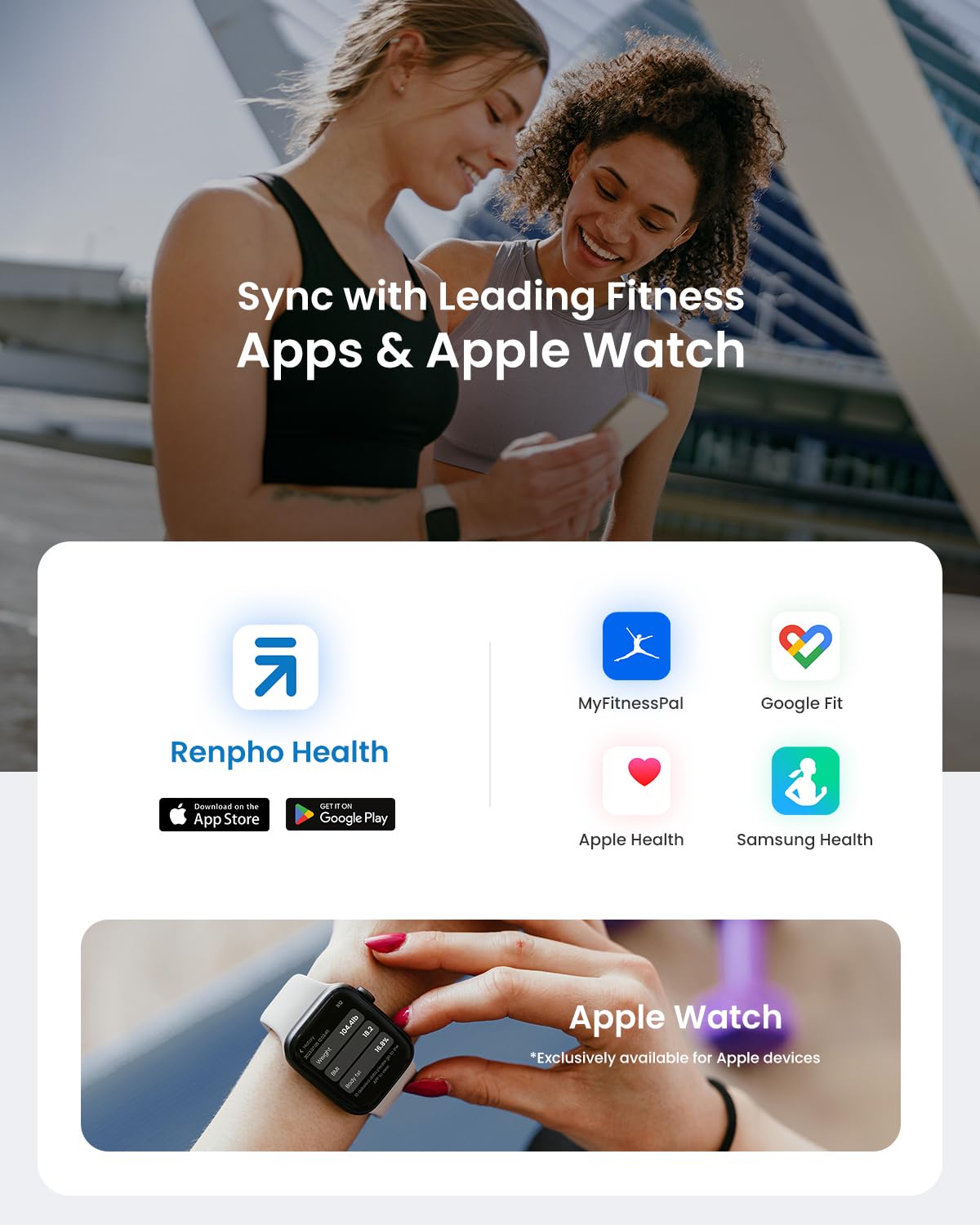 An advertisement showing two women smiling, one reviewing her fitness data on a Renpho Elis 1 Smart Body Scale smartwatch. The text promotes syncing with leading fitness apps and Apple Watch, focusing on body composition analysis. Icons for the App Store