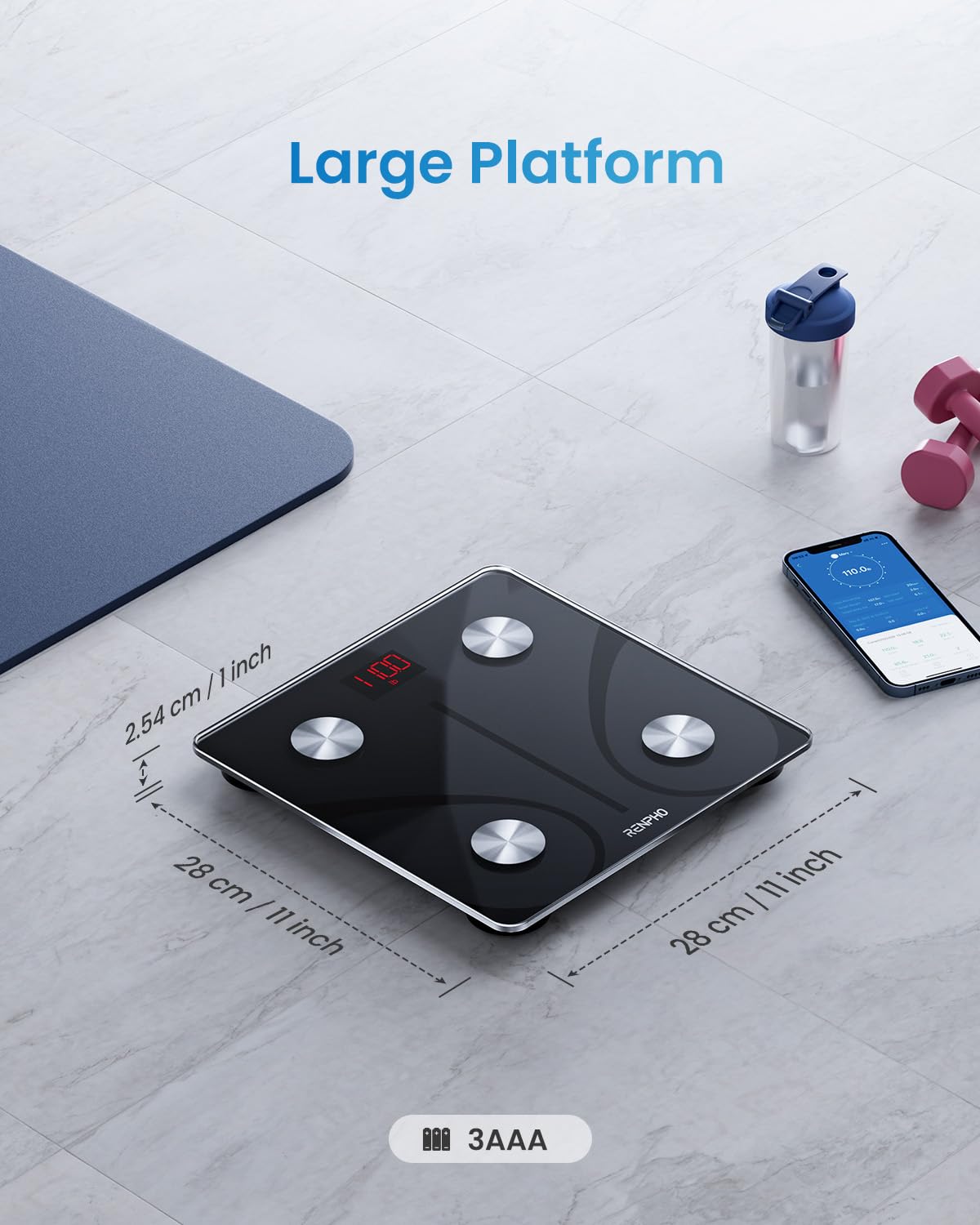 Renpho's Elis 1 Smart Body Scale with a large platform displayed on a tiled floor, equipped for body composition analysis and connected to a smartphone app. A gym mat, water bottle, and dumbbells are nearby.