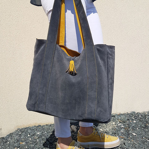 Suede leather tote bag