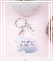 Hand stamped rabbit keyring that reads Mammy instead of Human