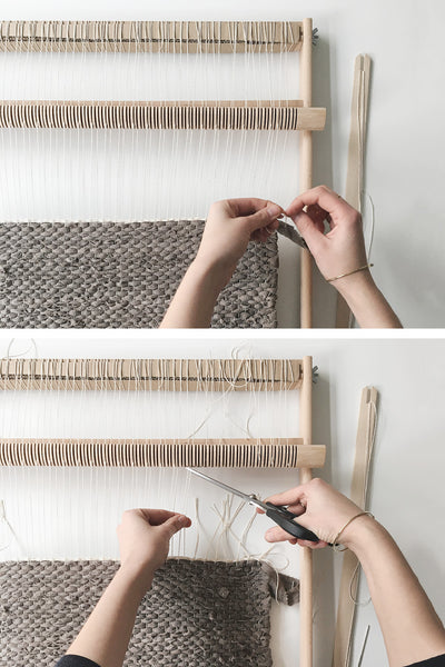 weaving a rag rug on a frame loom