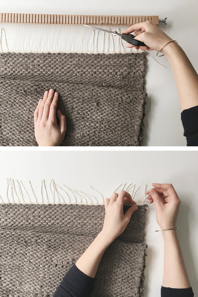 weaving a rag rug on a frame loom