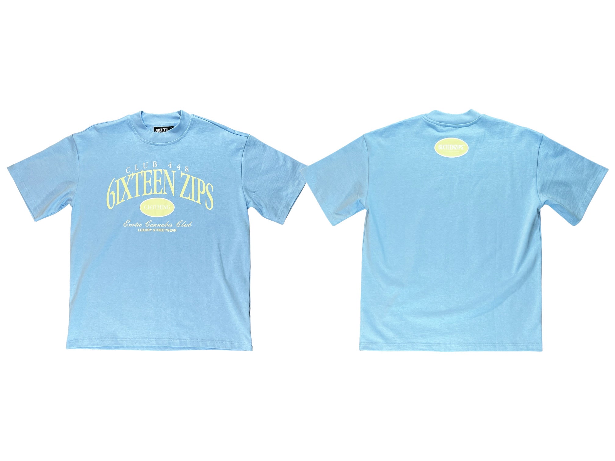 “Club 448” Sky Blue/Beige Heavyweight Luxury Tee - 6IXTEEN Zips product image