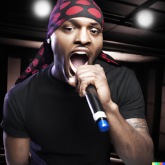 Rapper wearing a red durag on stage