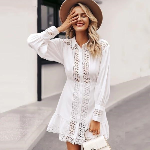 Boho Short Dress White Lace Long Sleeve | US Bohemian Boutique