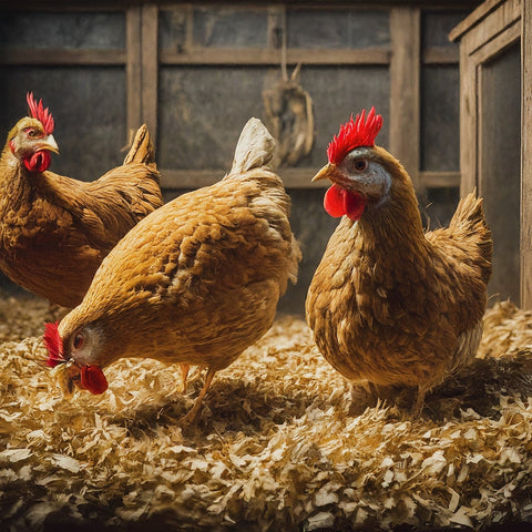 3 chickens walking in hemp hurd animal bedding